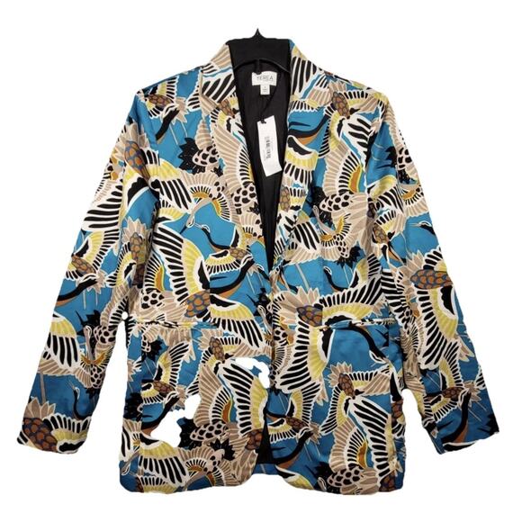 Terea By Andrea Pitter Women's Multicolor Crane Print Enamel Blue Blazer Medium - Picture 1 of 7